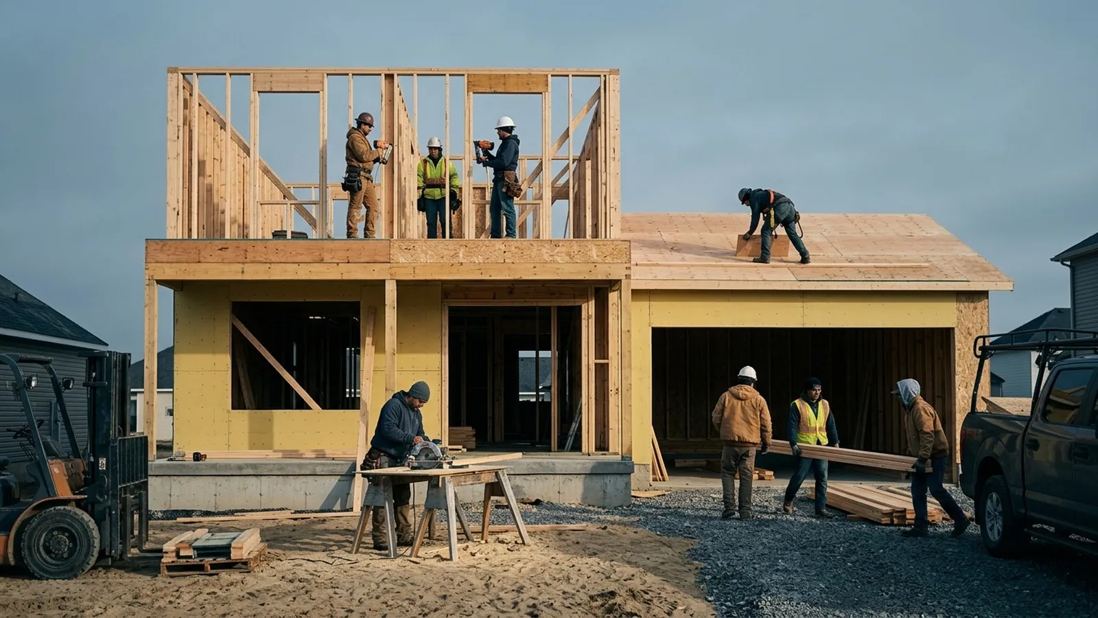 Two-story wooden house under construction with workers in hard hats on the framing and roof, safety gear in use.
