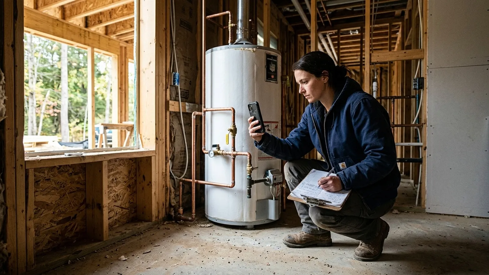 Worker crouching beside a water heater in a wood-framed unfinished room, holding a clipboard and phone.