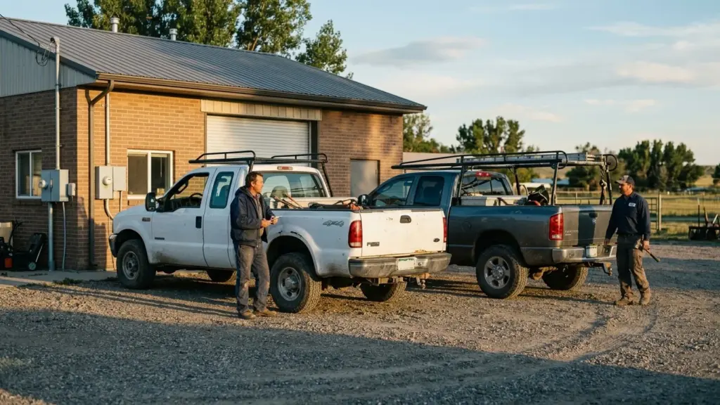 Two workers stand beside white and gray pickup trucks with ladder racks in a gravel yard outside a brick workshop at sunset