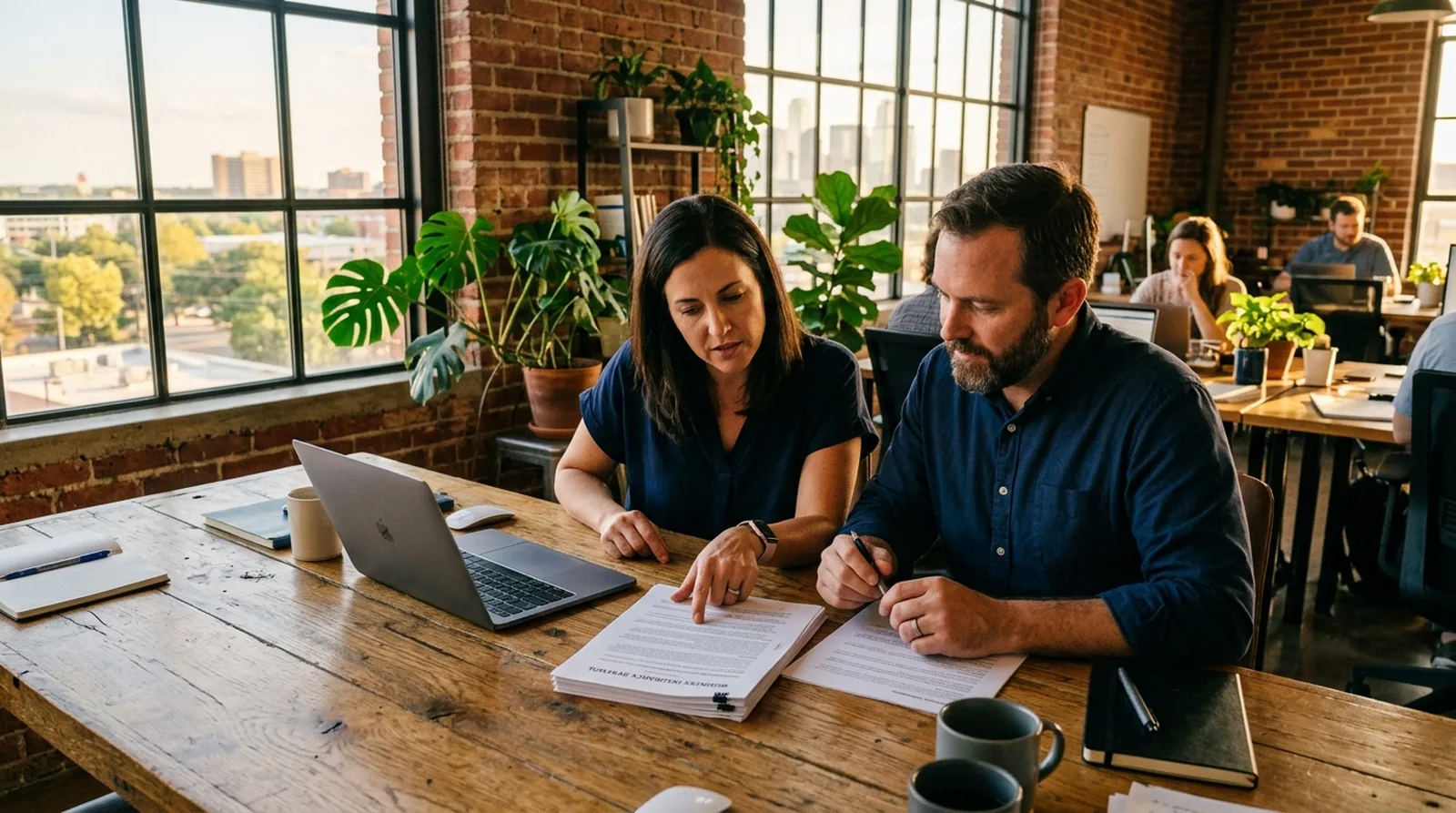 Two business owners at a wooden table in a brick-walled office reviewing a printed insurance renewal