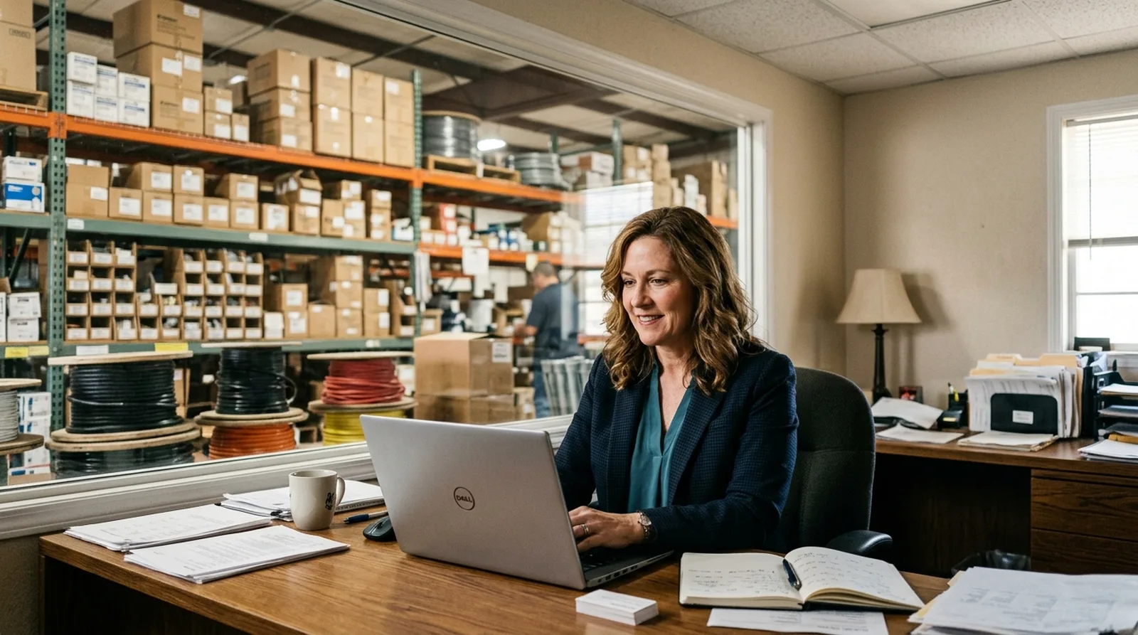 Owner of an electrical supply distributor working on a laptop in a warehouse office