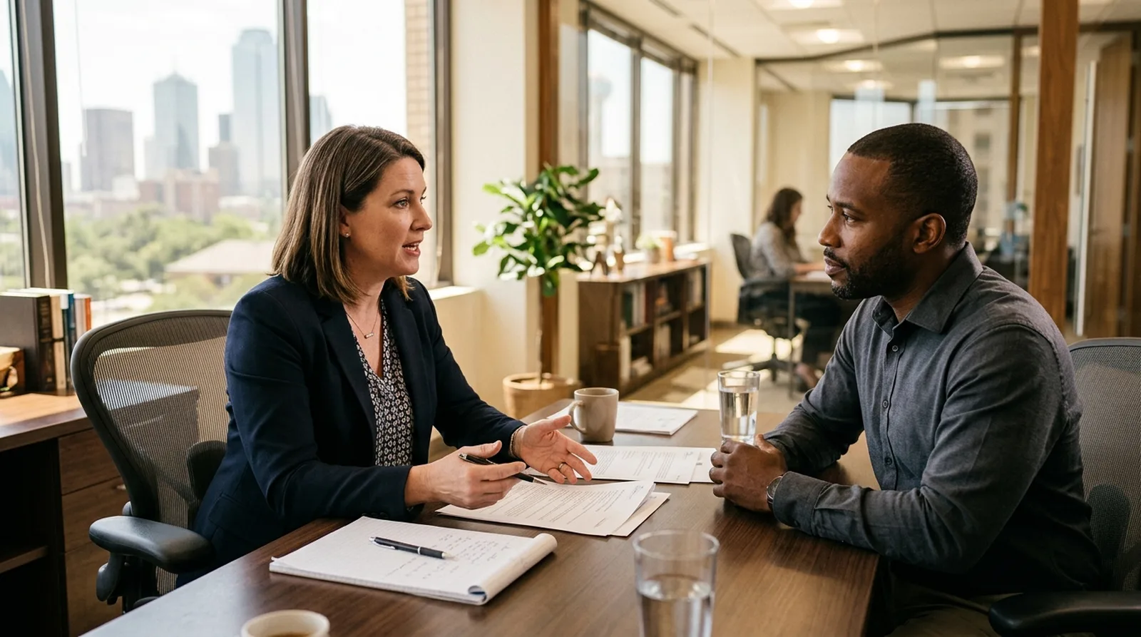 Entrepreneur meeting with an insurance advisor across a desk in a bright Dallas office